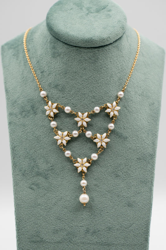 Collana Giardino di Perle in oro 18 kt con perle e diamanti, vista completa