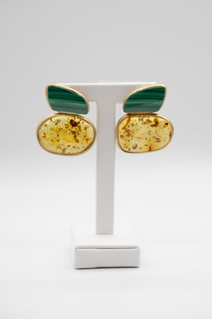Orecchini Ambra Verde con malachite e ambra baltica, vista della coppia