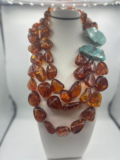 Double Necklace with Baltic Amber and Raw Amazonite