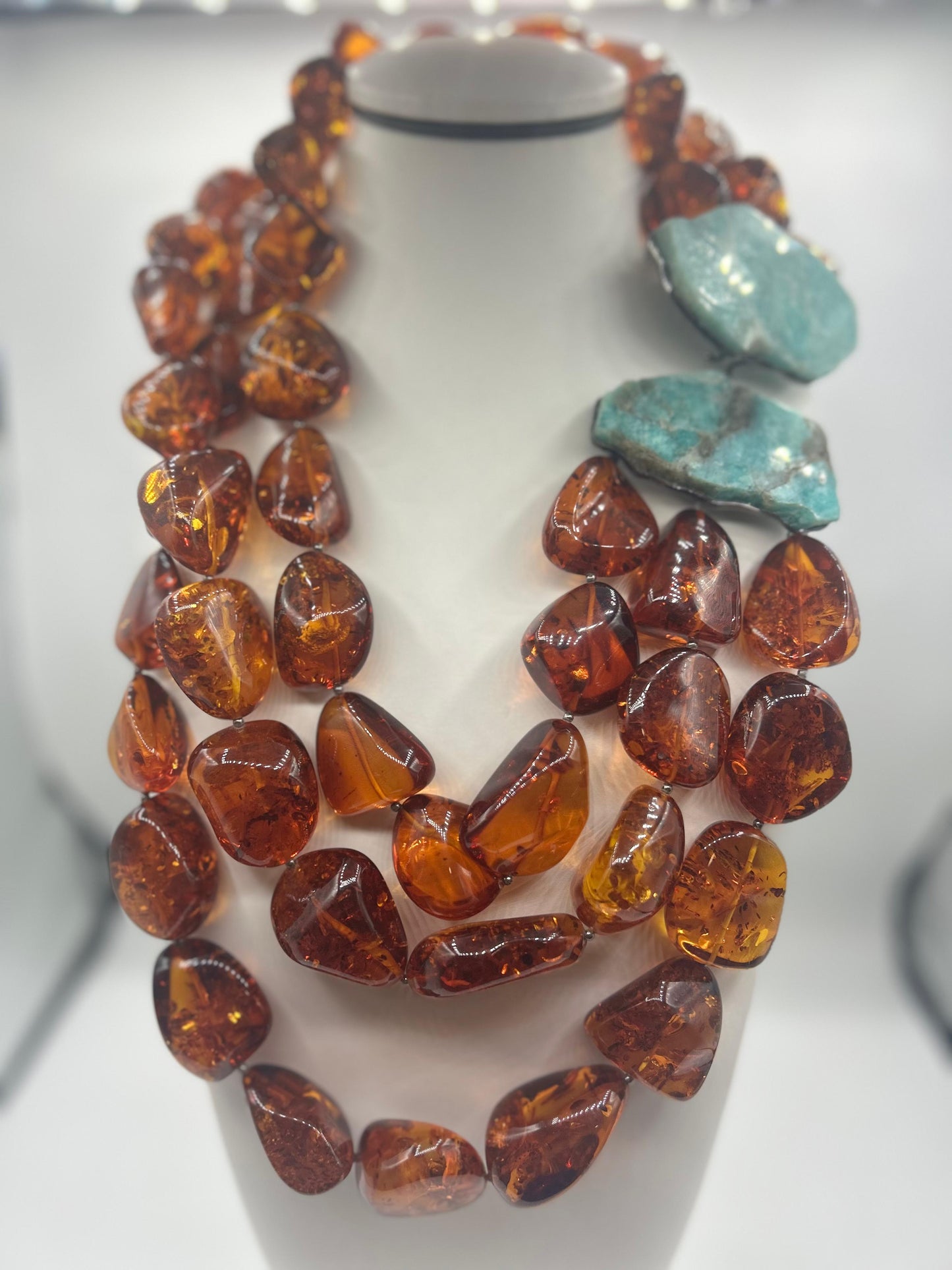 Double Necklace with Baltic Amber and Raw Amazonite