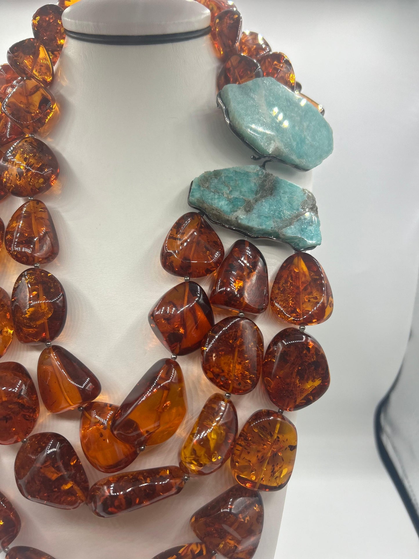 Double Necklace with Baltic Amber and Raw Amazonite