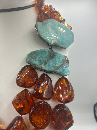 Double Necklace with Baltic Amber and Raw Amazonite