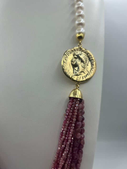 Antique Gold Plated Medallion and Pearl Necklace